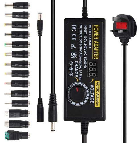 AOYADAISU 9V~36V 3A 108W Universal Power Supply, 9V 12V 14V 15V 16V 18V 19V 20V 24V 30V 36V Adjustable Power Supply, 100-240V AC to DC Converter with 14 Tips & Polarity