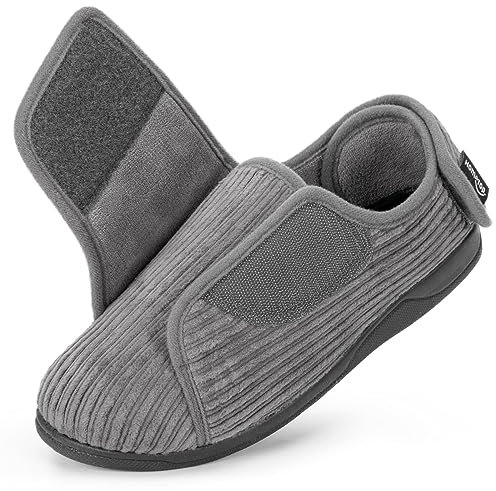 HomeTop Damen Geschlossene Ferse Diabetiker Hausschuhe Kord Verstellbar Weite Passform Haken und Schleife Memoryschaum Pantoffeln Ultimatives Grau, 39 EU