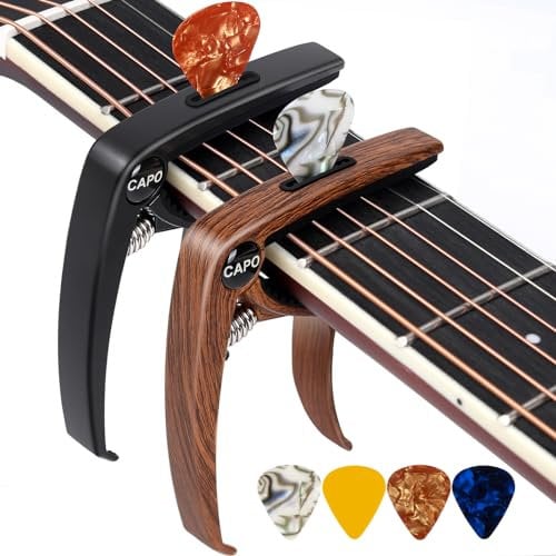 AARVI Capotasto per chitarra acustica ed elettrica, a 6 corde, morsetto universale con 4 plettri premium, compatibile con ukulele, banjo, mandolino (palissandro+nero)