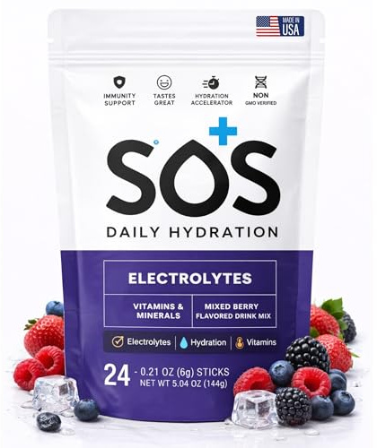 SOS Hydrating Electrolyte Powder (Mixed Berry Flavour - 24 Servings) Best Fast Acting, Low Calorie Rehydration Sports Drink