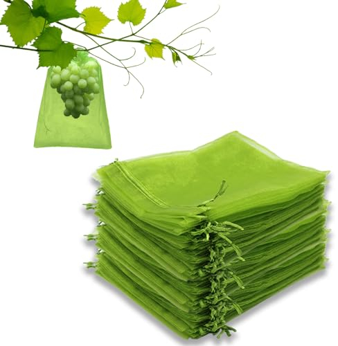 Leeyunbee 100 Stück Traubenschutzbeutel 17 x 23 cm, Obst Schutzbeutel, Weintrauben Schutzbeutel mit Zugband, Organzabeutel Garten Netzbeutel zum Schutz vor Vögel Wespen Fruchtfliegen Insekten (Grün)