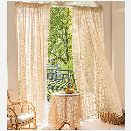 Boho Scheibengardine mit Quasten, Landhausstil Baumwolle häkeln bistrogardine für Bad Wohnzimmer, 1 Panel (Color : Beige, Size : WxH 140x100cm/55x39in)