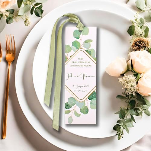 Segnaposto Matrimonio | Cartoncini Metallizzati Segna Posto Nuziale Personalizzati con Fiocco in Raso | Nozze Eleganti e Originali | Decorazioni Segna Tavolo Cerimonia (Eucalipto Salvia)