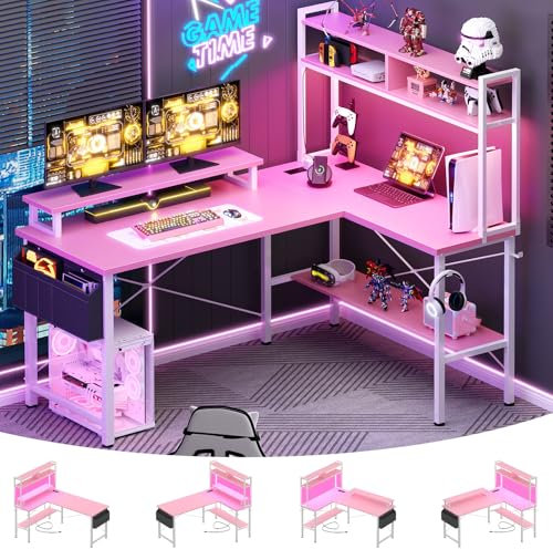 Aheaplus L Shaped Gaming Desk with Power Outlets & LED Lights, Small L- Shaped Desk Computer Corner Desk with Monitor Stand & Storage Shelf, Home Office Desk Writing Desk with Storage Bag, Pink