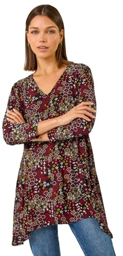 Roman Originals Swing Top with Pockets for Women UK Ladies Hanky Hem Asymmetric Tunic Blouse Longline Long Stretch Jersey Casual Round NeckTee Shirt T-Shirt - Red Brown - Size 14