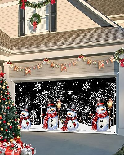 Garagentor-Banner für Weihnachten, 2,1 x 2,4 m, Winter-Weihnachtsbaum, Schneemann, weiß schwarz, Garagentorabdeckung mit Ösen, Hintergrund, hängende Banner, Schneeflocke, Garagentor