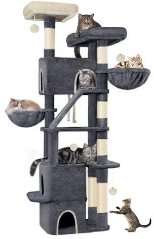 Hzuaneri 185 cm Arbre à Chat, Grande Tour à Chat pour Chats d'intérieur avec 2 Plates-Formes, 3 Condos, 6 Griffoirs, 2 Paniers, Pompons, Coussin Lavable, Gris Foncé MS18818SG