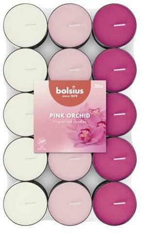 Bolsius - 30 Bougies Chauffe-Plat Parfumées – Orchidée Rose - Durée de Combustion de 3.5 Heures - Diamètre 38 mm - Extraits Naturels - Contient de la Cire Végétalienne - Sans Huile de Palme