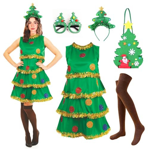 Goloxou 5 Teiliges Weihnachtsbaum Kostüm für Frauen Weihnachtsbaum Kleid Set mit Brille Tasche Socken Stirnband für Erwachsene Urlaub Cosplay (L)