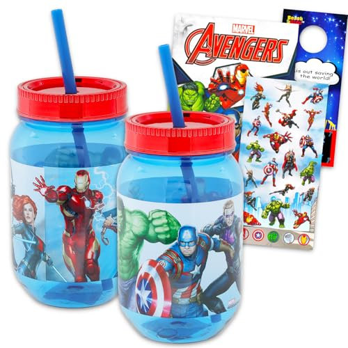Marvel Vasos de agua de los Vengadores para niños, paquete con 2 tazas con tapa y popote para el hogar, más tatuajes, calcomanías, más | Vaso de tarro Mason de los Vengadores para niños
