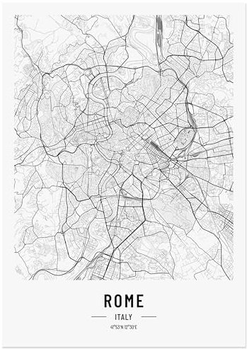 JUNOMI® Rom Poster DIN A2 Schwarz Weiss, DIN A2 Wohnzimmer Deko, Modernes Wandbild, Rom Bild, Wandbild ohne Rahmen, Stadtplan Poster Rom, perfekte Geschenkidee