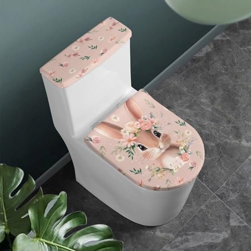 CREAMIC Osterhase Toilettendeckel Tankdeckel Staubschutz Toilettensitzbezug Weich Maschinenwaschbar WC Tankabdeckung Dekoratives Zubehör 2 Stück Set Toilettensitzbezug für Urlaub Party