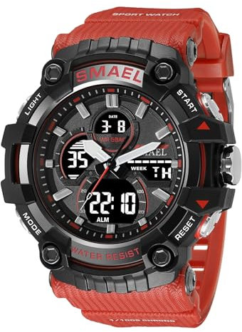 SMAEL Großes Analog Digital Anzeige Uhren, Multifunktions Armbanduhren 50M wasserdichte mit Alarm Licht Stoppuhr Stündlicher Glockenschlag,Rot