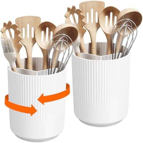 Lifewit 2 pezzi porta utensili da cucina, contenitore girevole per utensili da cucina, 15 x 19 cm, porta utensili con separatore rimovibile, cestino portaposate con fori di scarico e fondo