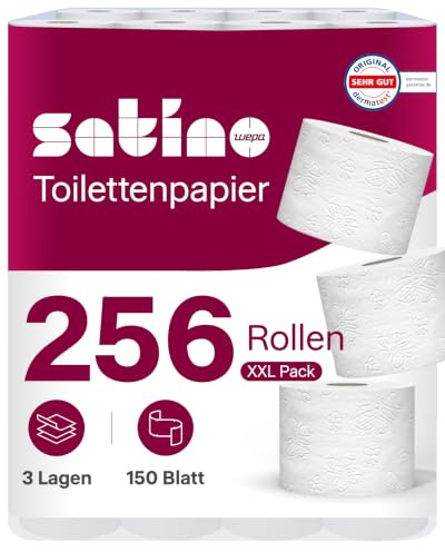 256 Rollen Toilettenpapier 3-lagig – 150 Blatt – Satino - 16 Packs á 8 Rollen - extra weiche, hochwertige Blätter – aus feinstem Zellstoff – für Zuhause, Hotels, Gastronomie, Gewerbe, Industrie