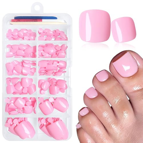 GlamRays Lot de 168 faux ongles d'orteils pour femme avec autocollant en gelée, ongles courts et carrés pour art (fleur de cerisier rose)