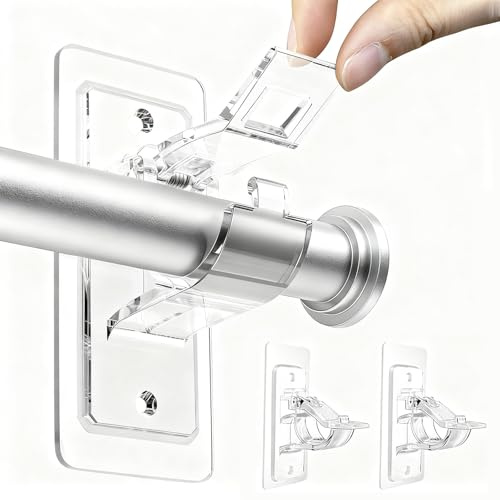 PangWuu 2er-Pack Gardinenstangenhalter ohne Bohren, Selbstklebende Gardinenhalter aus PET, Verstellbare Halterung für Vorhangstangen bis 3 cm, für Badezimmer, Wohnzimmer, Küche