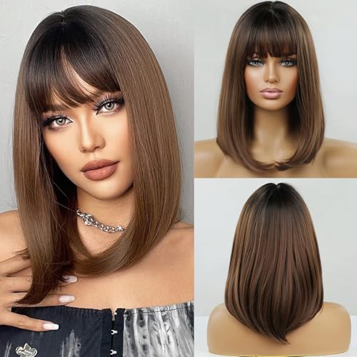 EMMOR Kurze Bob Perücke mit Pony, für Frauen, natürliche synthetische Faser Bob Perücke, natürlich aussehend, geeignet für Alltag/Party/Cosplay (Beraul braun)