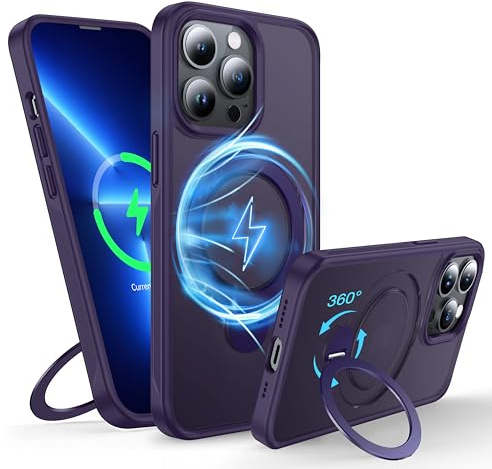 FNDMIL 360° Rotatable Magnetic Ring for iPhone 13 Pro Max Case with MagSafe | [Non-slip Texture Edge][Built-in Kickstand][Military Shockproof]Translucent Matte Soft Silicone Bumper Slim,Purple