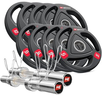 Hop-Sport Olympic Barbell Starter Set 20kg – 50mm Straight Bars with Rotating Sleeves + Olympic Cast Iron Plates – Beginner Home Gym Weightlifting Kit