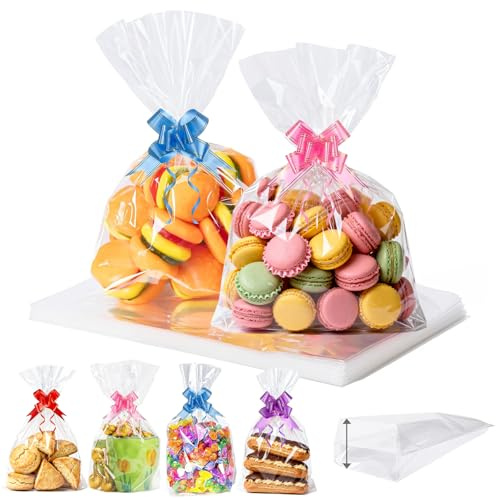 50Pcs Flat Bottom Clear Cellophane Bags with Pull Bows 8 X 12 | Plastic Sweet Bags, Food Safe Cookie Bags, Treat and Party Bags for Mugs, Cellophane Gift Bags for Halloween, Christmas