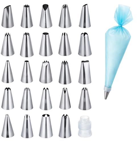 26 Stück Spritztüllen Düsen-Sets, 24 Profi Edelstahl Spritztüllen mit Spritzbeutel Wiederverwendbar und Adapter für Kuchen, Torten, Keks-Hausbacken Dekoration