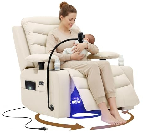 Olela Power Glider Recliner Nursery Chair, Oversized Leather Swivel Rocking Chair with Electric Lumbar Support, USB Charging, Smart Cup Holder, Light, Adjustable Armrest, Wireless Phone Charger Holder