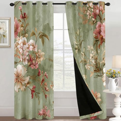 Vorhang Blumen Salbeigrün Blickdicht, Vorhänge Blumenmuster Vintage, Fenster Gardinen Schlafzimmer Wohnzimmer, Verdunklungsvorhänge mit ösen, Thermovorhang, 2er Set Curtains, H 245 x B 140 cm R399