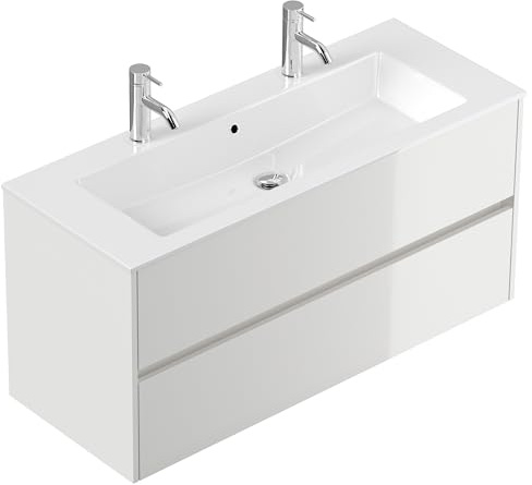 Generisch Doppel Waschtisch Badmöbel Grifflos 2 Hahn Limes 120 cm weiß Hochglanz Bad-Set