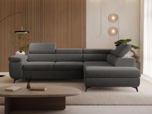 GRAINGOLD Argon L Ecksofa modern mit Bettfunktion, 255x190 cm, L-Form Sofa, Schlafcouch für Wohnzimmer, Velvet-Stoff, 4-Sitzer Eckcouch, Ecksofa mit Bettkasten (Dunkelgrau, Rechts)