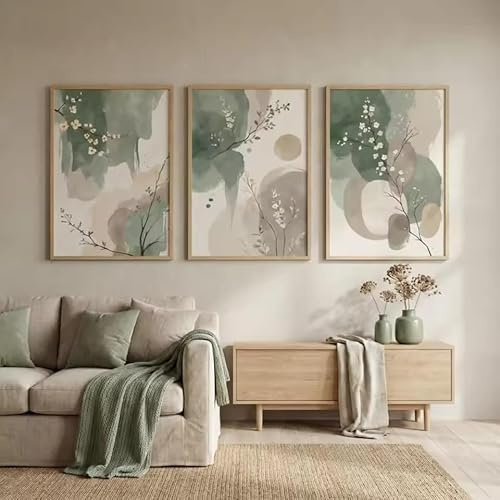 LZJAGXX Dipinto murale giapponese con piante, stampe e poster astratti con foglie di acquerello verde salvia e beige, arredamento moderno per la casa zen (30x50cmx3/cornice interna)