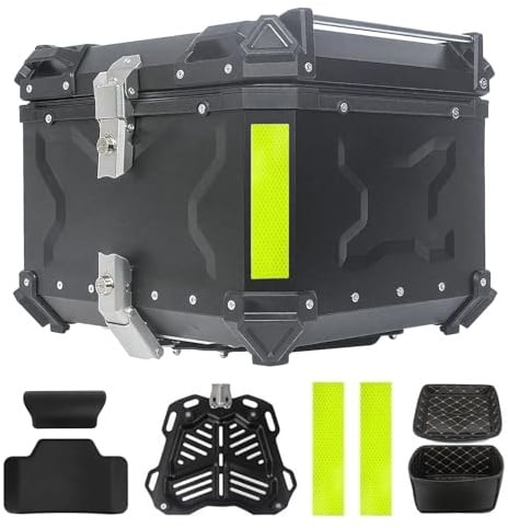 YJYAJIE Motorrad TOPCASE 55L Universal Alu mit Rückenlehne – IP68 Wasserdicht, Abschließbare Gepäckbox, inkl. Universal-Montageplatte für die meisten Motorräder & Roller (Schwarz)