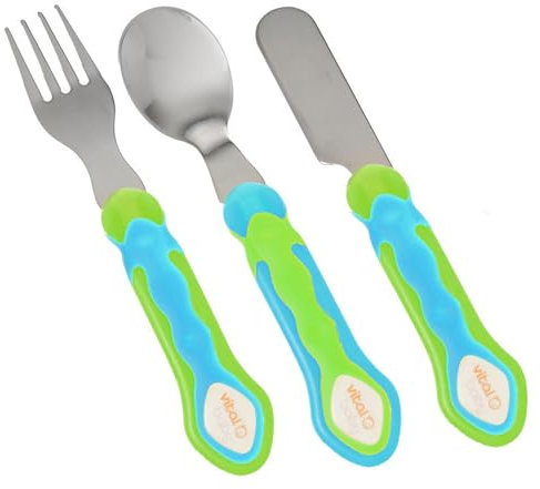 Vial Baby Kinder Besteckset 3-teilig bestehend aus Messer, Gabel und Löffel aus rostfreiem Edelstahl und ergonomischem FlexiSafe Griff für einfache Haltung und selbständig essen, BPA-frei, ab 12 Mon