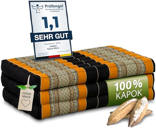 livasia Nachhaltige Kindermatratze aus Kapok - 140x70x8cm - Klappmatratze, Reisebett Kinderbett faltbar, ökologische Yogamatte klappbar, Spielmatte, Liege für Garten und Balkon (Schwarz/Orange)