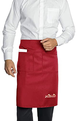 Viedouce 2 Pack Schürze,Wasserdicht Kurze Taille Kochschürze mit 2 Taschen, Küchenschürze,Grillschürze,Küchenschürze für Frauen Männer Restaurant Server Chef Kellnerin Kellner Barista (Rot)