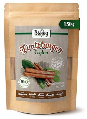 Biojoy BIO Ceylon Zimtstangen aus Sri Lanka, ganz, ca. 30 Stück, 150 g | Zimt Stangen 8-12 cm lang, ideal für Tee oder zum Backen, Cinnamomum verum L.