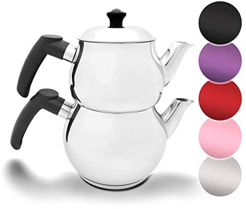 Türkischer Teekocher Teekanne Caydanlik Demlik Induktionsgeeignet Wasserkocher (Schwarz Model 2)