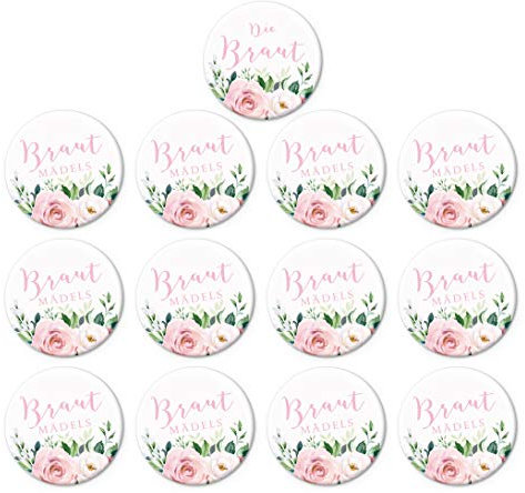 Junggesellenabschied Button Set 1 x Die Braut + 12 x Brautmädels Rosen Eukalyptus Zweige ROSA Weiß Grün JGA Buttons zur Hochzeit BOHO Party Trauung Nadelbutton Anstecker Ø 50 mm Matt
