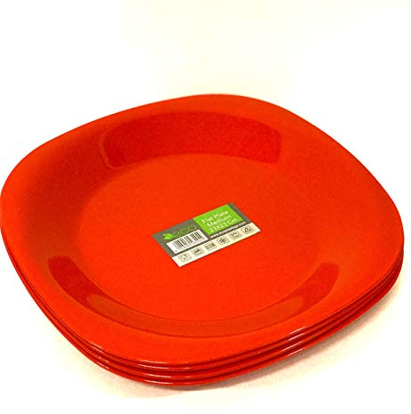 ECO 4 Pc Unbreakable Flat 23 x 23 cm Red Round Plastic Plates | Medium Bright Flat Kids Plates | Stackable Plastic Plates Reusable for Birthdays, Picnic, BBQ & Parties (Red, Medium)