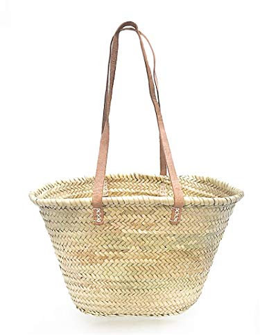 Afrikan Bags - Bolso Capazo de Palma| Bolso de Palma de Base Oval con Asa Bandolera en Cuero Natural - 46/36 x 30 x 26 cm (medidas aproximadas)