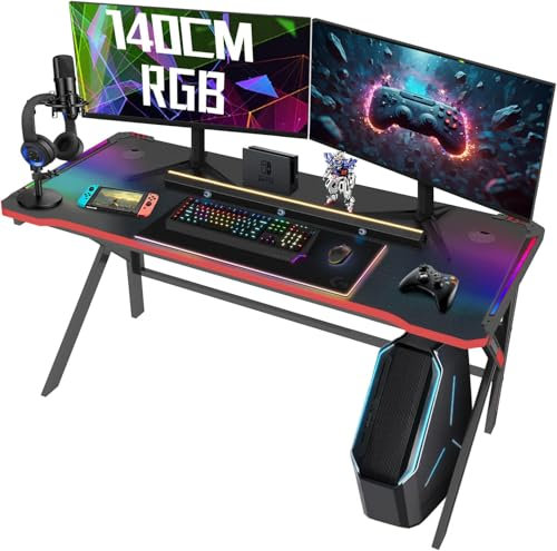 Arespark Gaming Tisch, Gaming Schreibtisch mit Leistungsstarkes Kabelmanagement, Stabil Metall-K Beine, Kohlefaser-Tischplatten Ergonomic PC Tisch (140 * 60cm mit RGB)