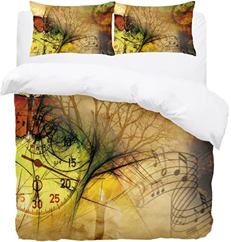 Bettbezug-Set, Bettwäsche-Set, 3-teilig, Uhr, Schmetterling, Musiknoten, Stadtbaum, Retro-Bettwäsche-Set für Doppelbett, King-Size-Bett, Einzelbett, 1 Bettbezug, 2 Kissenbezüge