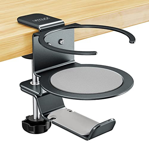 Urmust Desk Cup Holder, 3-in-1 Headphone Holder Under Desk Clamp Controller Stand Replaceable Cup Holder for PC Gaming,Universal for Headset, Controller, Cup (Gray)