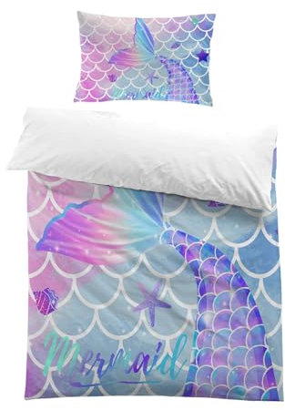 MUSOLEI Housse de Couette 135x200 Sirène Enfant Fille Princesse Parure de Lit 1 Personne en Microfibre avec Fermeture Éclair avec Taie d'oreiller 65x65 Cadeau Fête Annivesaire