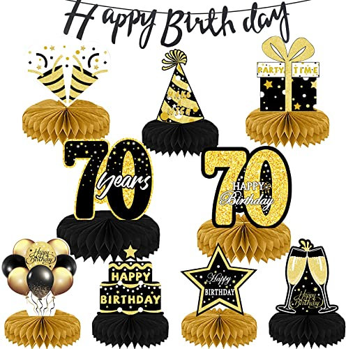 70. Geburtstag Dekoration Schwarz Gold - 9 Stück Mittelstücke, Banner Happy Birthday Girlande, Tischdeko für Party Deko Männer Frauen