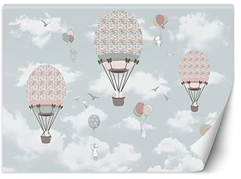 Feeby Papier Peint Intissé Bébé Lapins Ballons 300x210 cm gris XXL Moderne Décoration Murale Tableaux Muraux Tapisserie Salon Chambre à coucher Les animaux Ballons Des nuages
