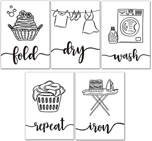 Waschküche Poster 21x30 5er Set, Schwarz & Weiß Poster Deko für Waschküche, Leinwand Wanddeko für Waschküche, Laundry Room Wäscheschilder, Wanddekoration Malerei Kein Rahmen, 21 x 30 cm