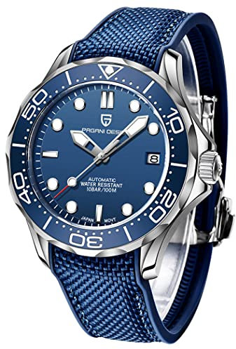 Pagani Design Mechanische Herrenuhr Stundenzeiger Leuchtende Stahl Taucheruhr Japanisches Uhrwerk Saphirglas Kalenderanzeige Fashion Business NH35 Watch 1667 (Silikon blau PO-1667)