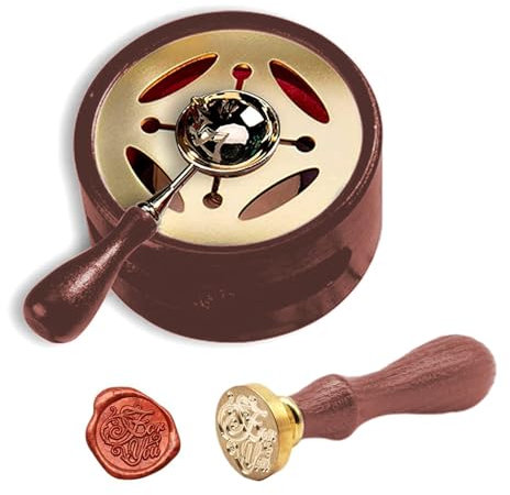 Wachssiegelwärmer,Wachssiegelwärmer Schmelzset,Holz Wachsheiztopf mit Schmelzlöffel,Siegelwachs Schmelzofen Feuerlackversiegelung für Stempelversiegelung Geschenkverpackung Private Envelop(Rotbraun)