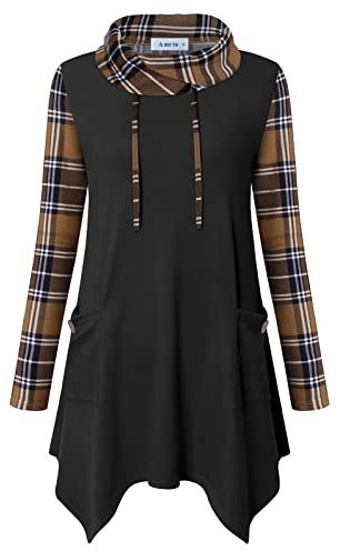 Amrto Langarm Damen Tunika Turtleneck Asymmetrische Saum Damenblusen Hoher Kragen Shirts Tops Lange Hemd Pullover Blusen & Tuniken Longpullover für Frauen, Schwarz & Khaki Kariert S